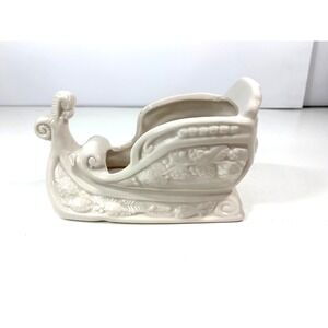 Ceramic Sleigh Candy Dish Candle Holder Christmas Decor Poinsettia Floral Base
